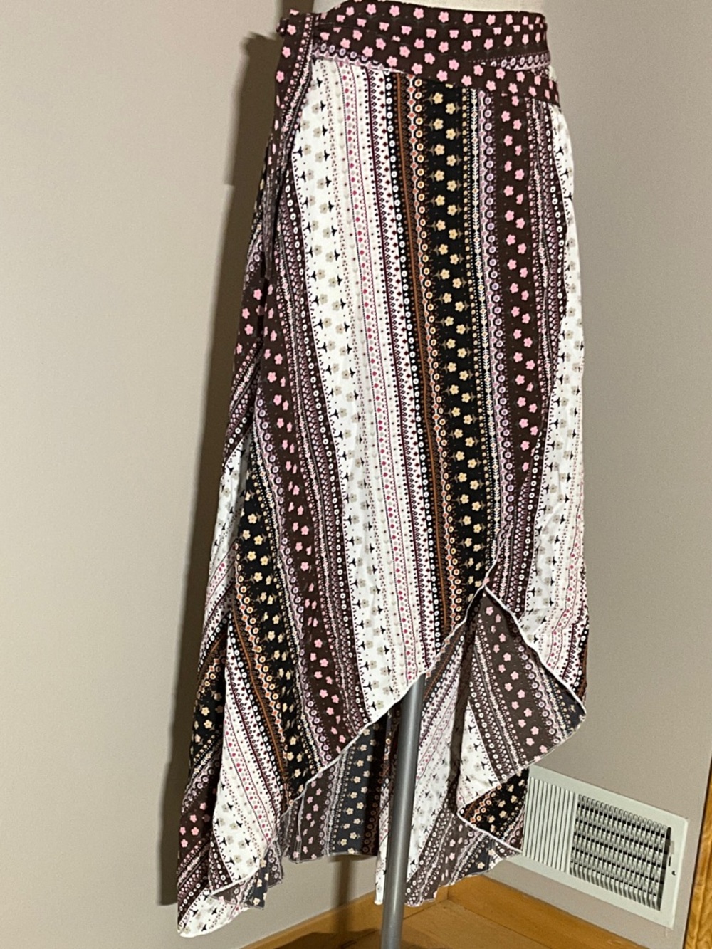 SHEIN Brown, Pink and White Boho High-Low Wrap Skirt